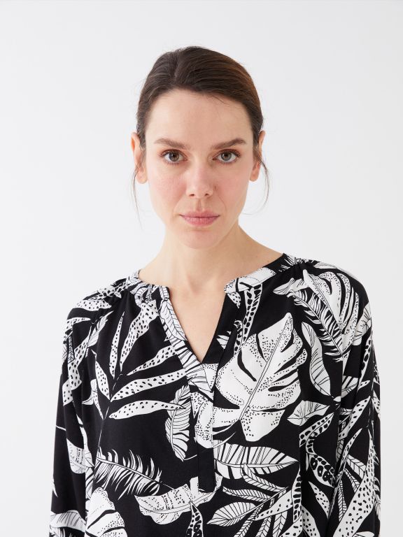 Henley Neckline Patterned Long Sleeve Women's Blouse