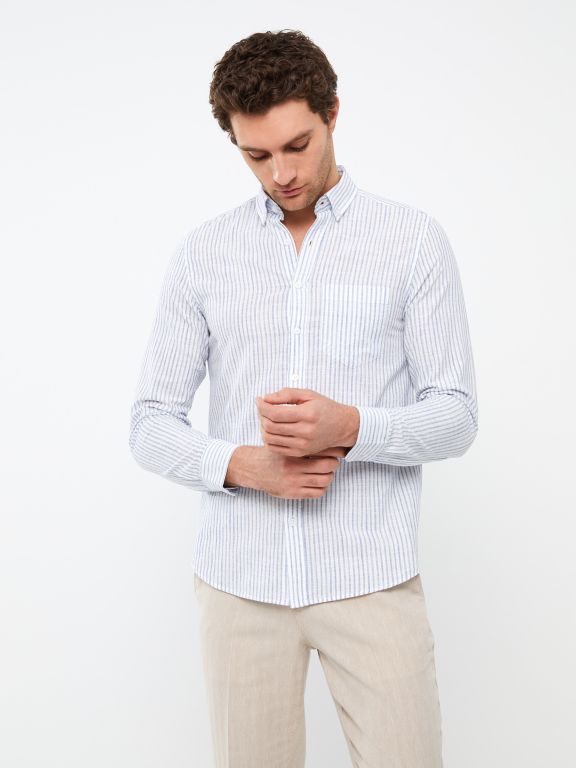 Regular Fit Long Sleeve Striped Poplin Men's Shirt