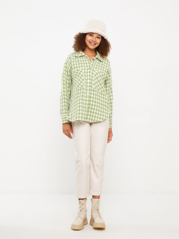 Buttoned Patterned Long Sleeve Tweed Women's Shirt Jacket