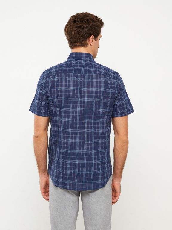 Regular Fit Short Sleeve Plaid Poplin Men's Shirt