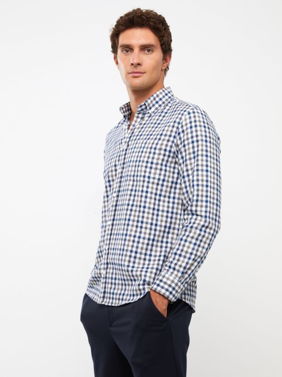 Regular Fit Long Sleeve Plaid Gabardine Men's Shirt
