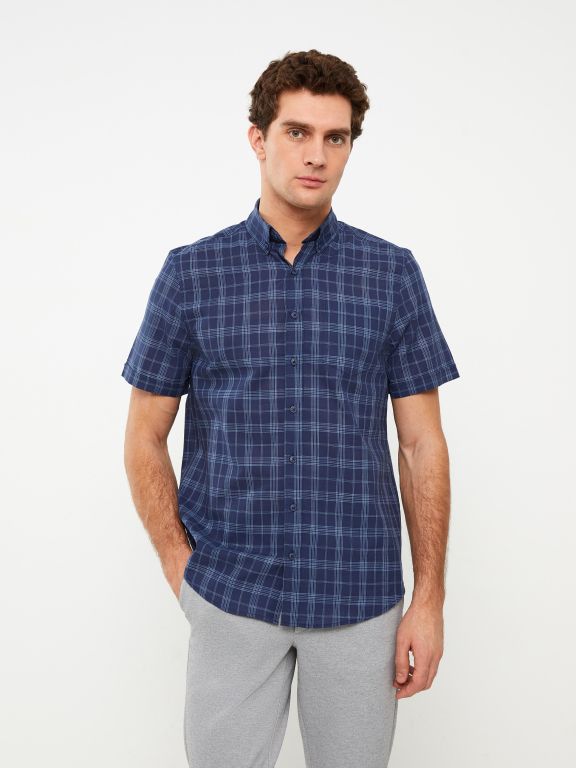 Regular Fit Short Sleeve Plaid Poplin Men's Shirt