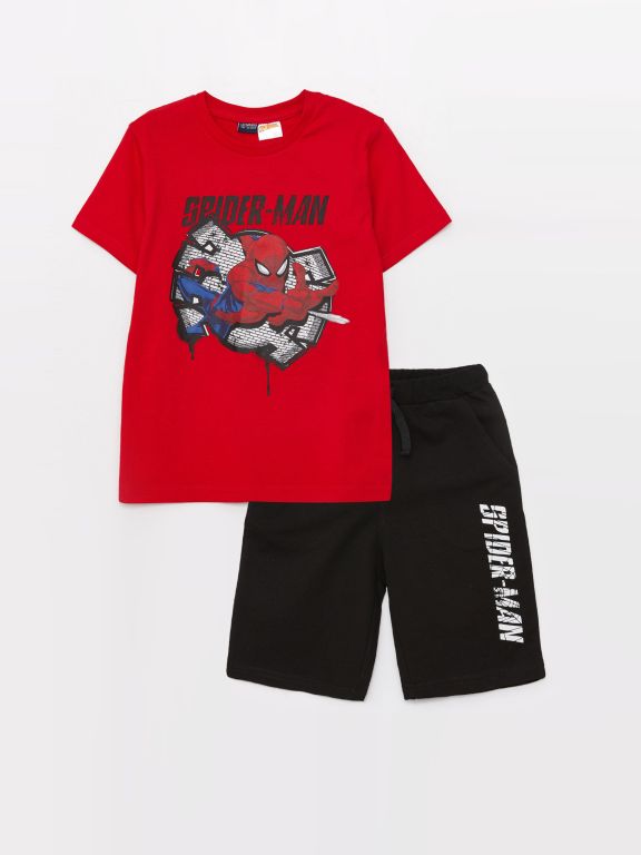 Crew Neck Spiderman Printed Short Sleeve Boy T-Shirt and Shorts