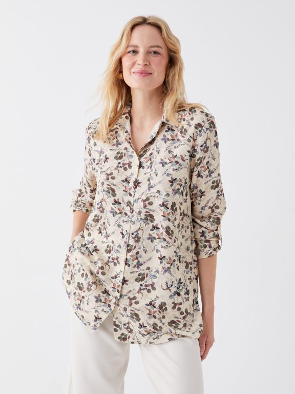 Floral Shirt Collar Long Sleeve Women's Tunic