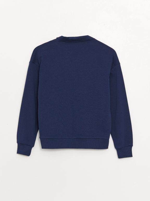 Polo Neck Printed Long Sleeve Oversize Women's Sweatshirt