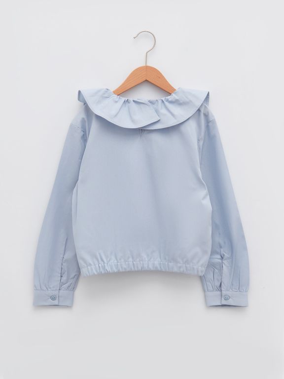 V-Neck Ruffle Detailed Long Sleeve Poplin Girl's Blouse
