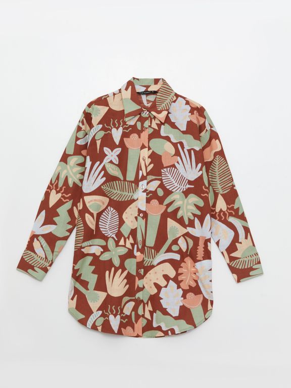 Shirt Collar Patterned Long Sleeve Women's Poplin Tunic