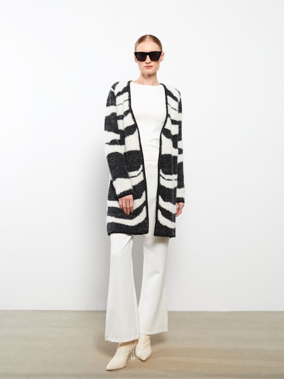 Shawl Neck Patterned Long Sleeve Tricot Women's Cardigan