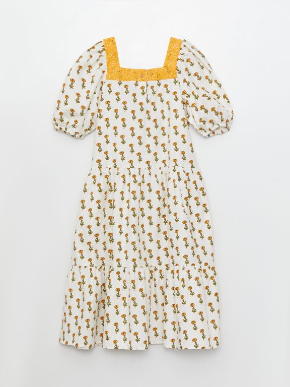 Square Neck Patterned Short Sleeve Poplin Girl Dress