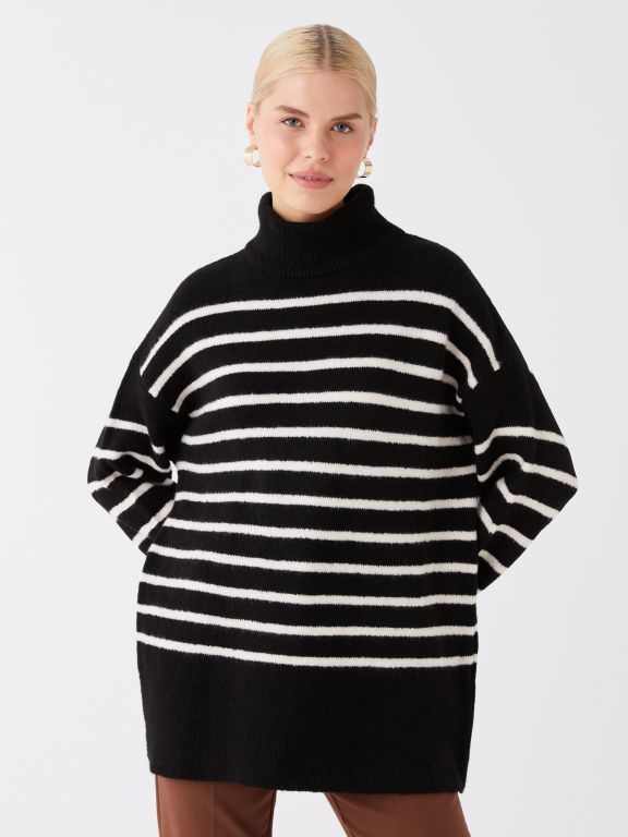 Turtleneck Striped Long Sleeve Oversize Women's Knitwear Sweater