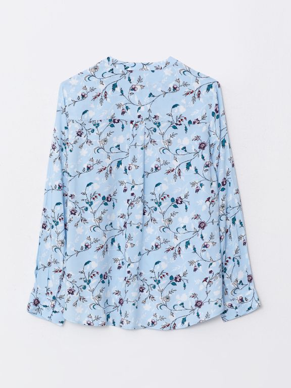 Crew Neck Flower Long Sleeve Viscose Women's Blouse