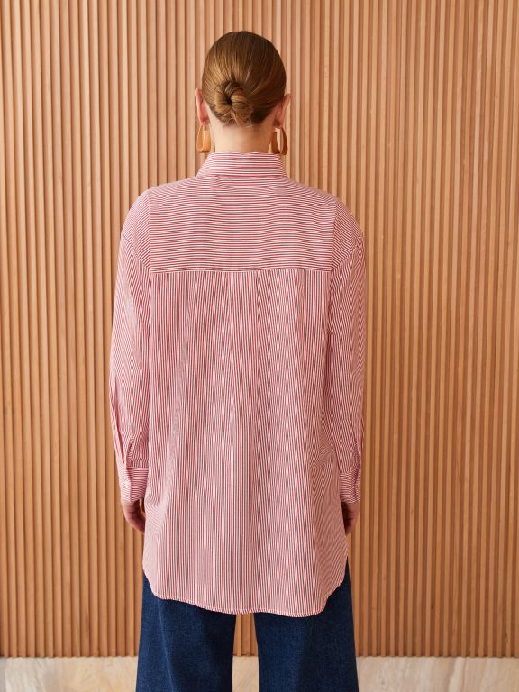 Shirt Collar Striped Long Sleeve Poplin Women's Tunic