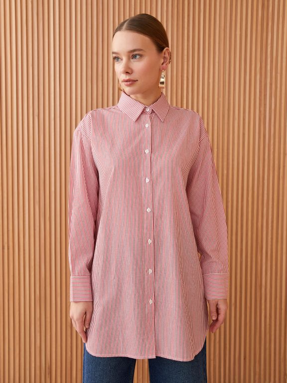 Shirt Collar Striped Long Sleeve Poplin Women's Tunic