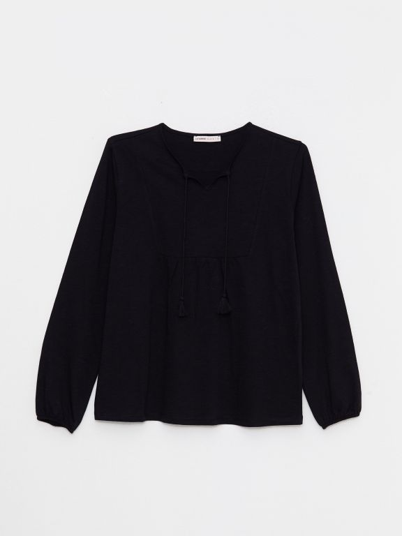 Tie Collar Straight Long Sleeve Cotton Women's Blouse