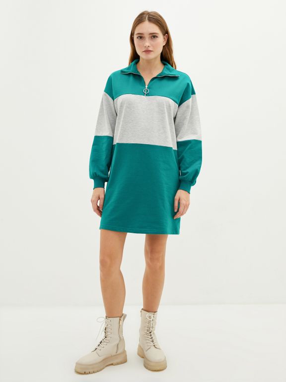 Turtle Neck Long Sleeve Women's Dress with Color Block