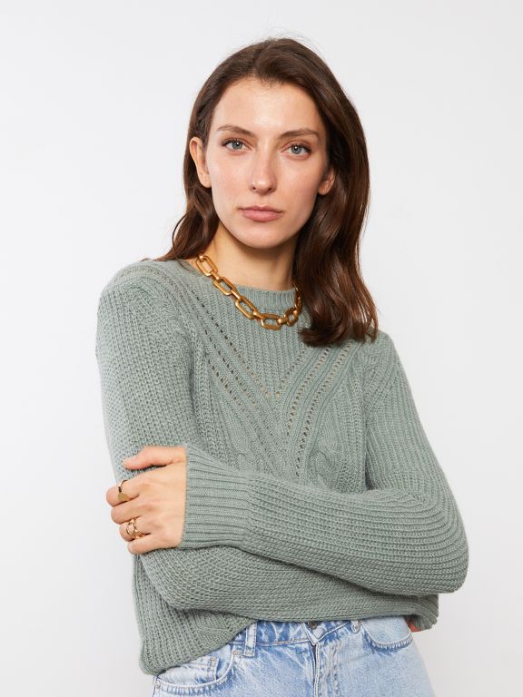 Crew Neck Self Patterned Long Sleeve Women's Tricot Sweater