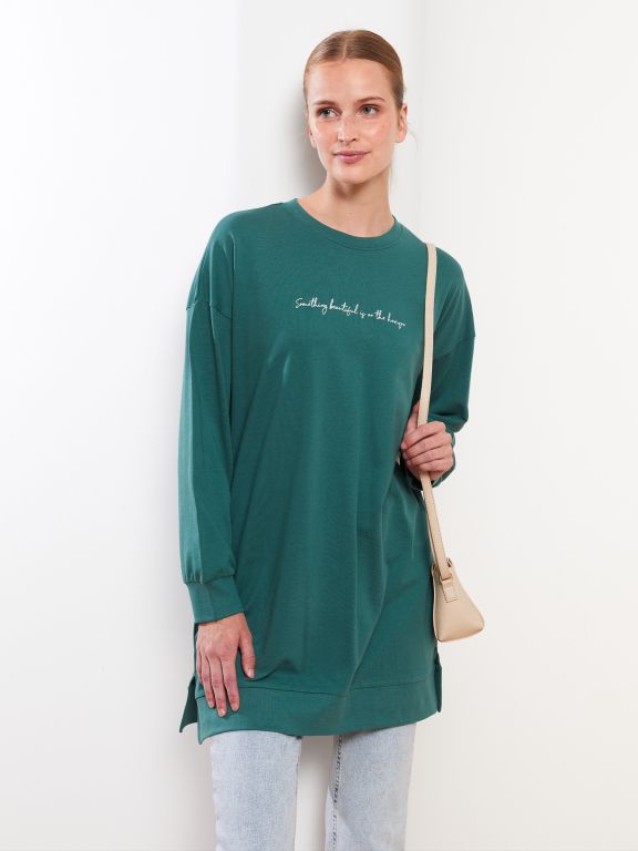 Crew Neck Printed Long Sleeve Oversize Cotton Women's Tunic