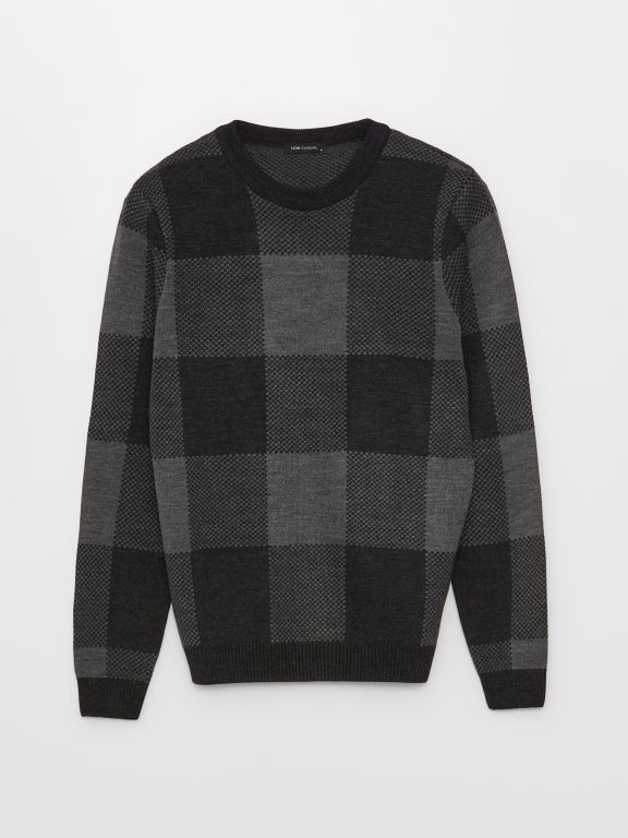 Crew Neck Long Sleeve Plaid Men's Tricot Sweater