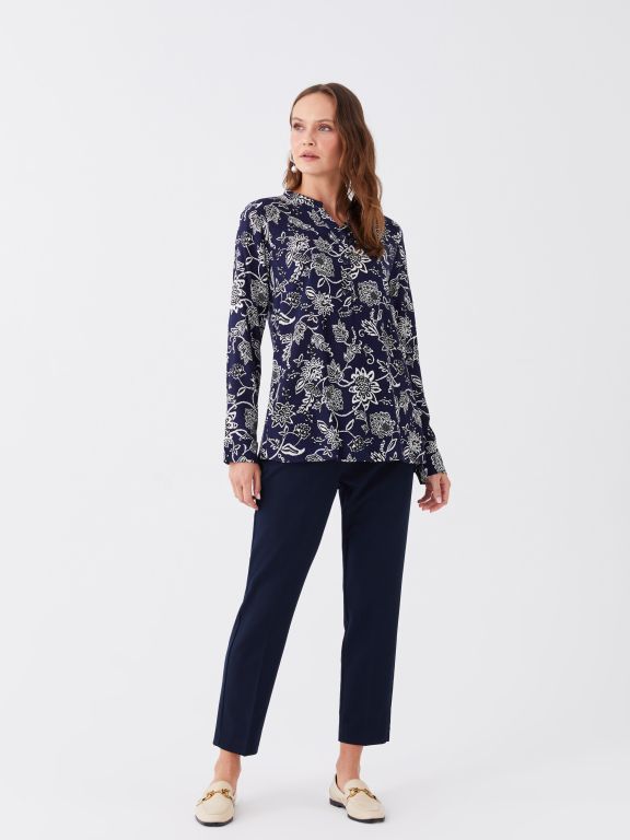 Henley Neckline Patterned Long Sleeve Women's Blouse