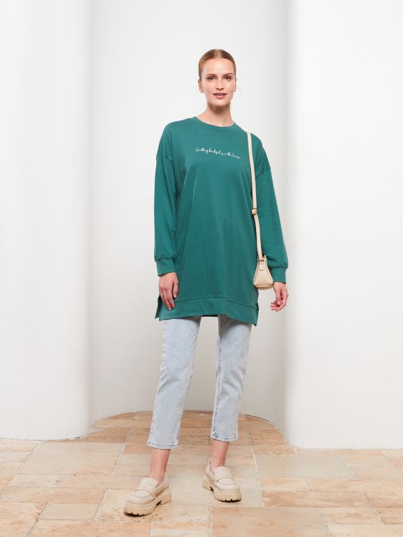 Crew Neck Printed Long Sleeve Oversize Cotton Women's Tunic