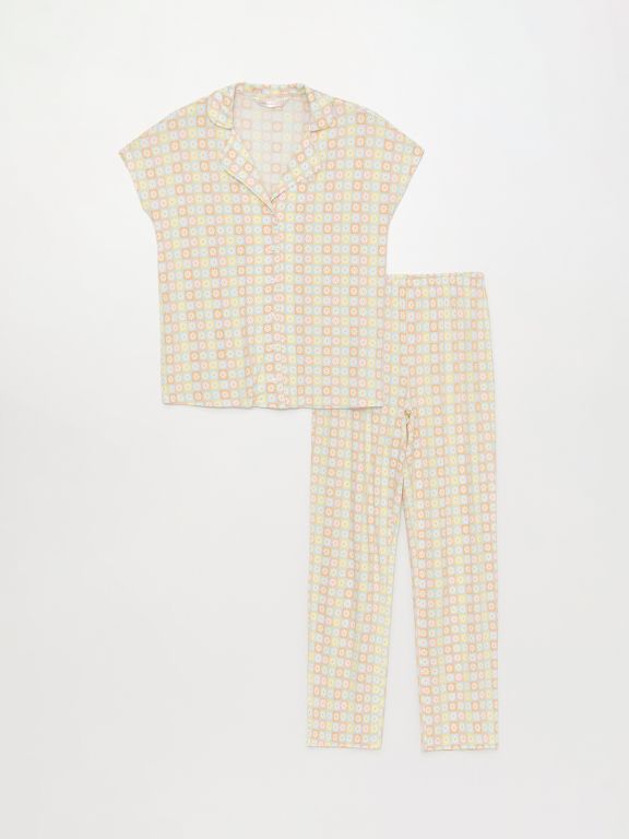 Shirt Collar Patterned Short Sleeve Women's Pajamas Set