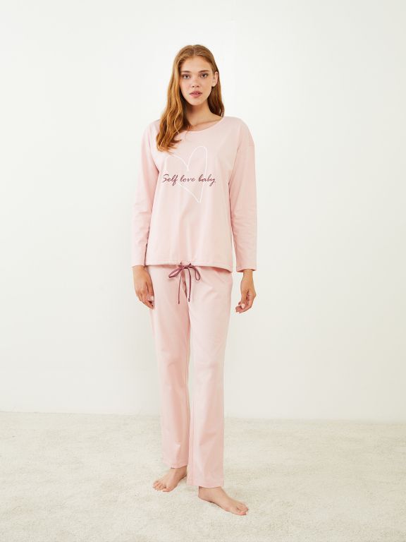 Crew Neck Printed Long Sleeve Cotton Women's Pajama Set
