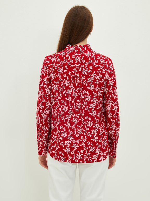 Ruffle Collar Floral Long Sleeve Viscose Women's Shirt