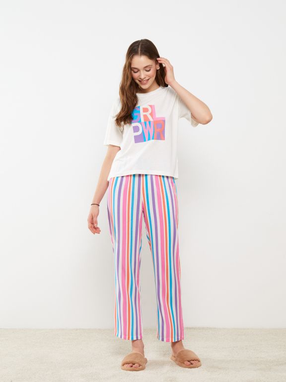 Crew Neck Printed Short Sleeve Women's Pajama Set