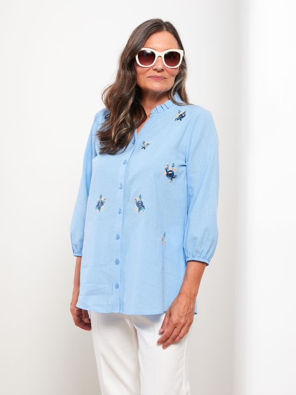 Women's Crew Neck Embroidery Cotton Shirt
