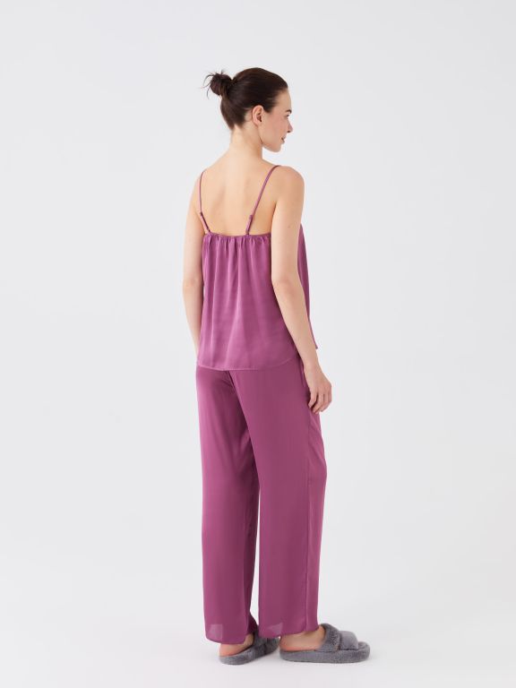 V-Neck Straight Strap Satin Women's Pajamas Set