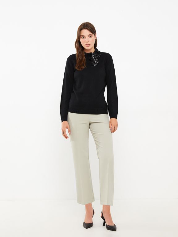 Tie Collar Straight Long Sleeve Women's Knitwear Sweater