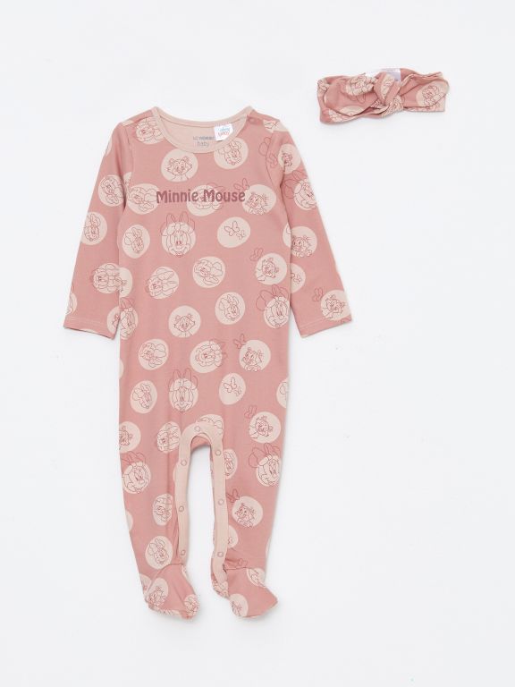 Crew Neck Long Sleeved Minne Mouse Printed Baby Girl Rompers and Hair Band 2 Piece Set