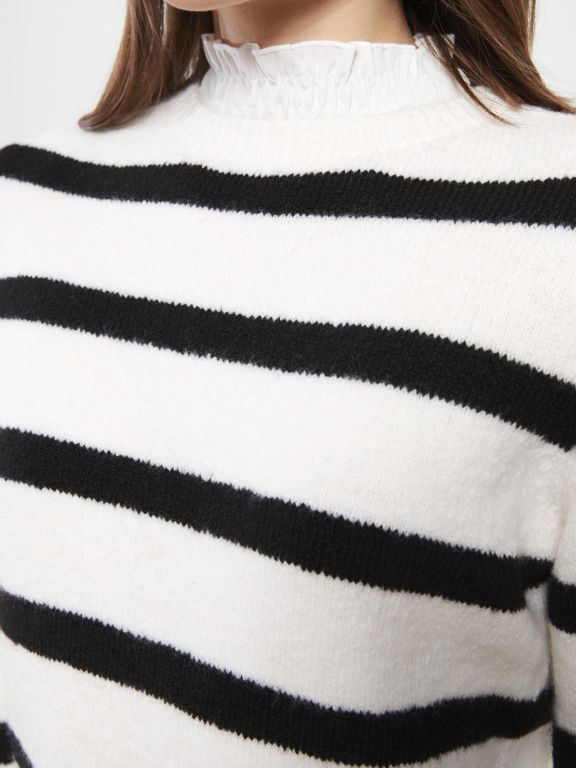 Ruffle Turtle Neck Striped Long Sleeve Women's Tricot Sweater