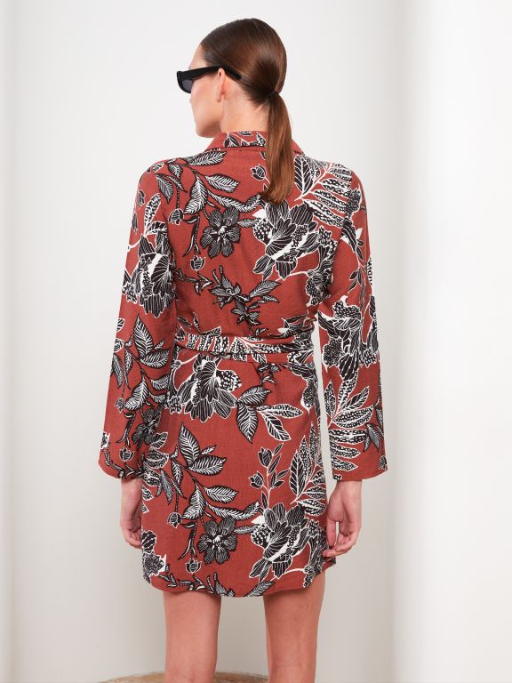 Double Breasted Collar Patterned Long Sleeve Women's Dress