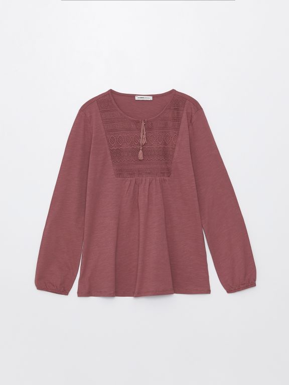Tie Neck Embroidered Long Sleeve Women's Blouse