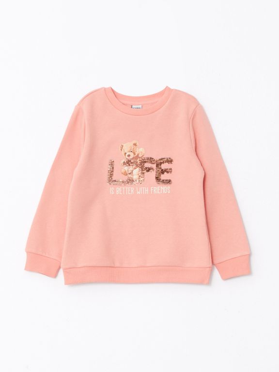 Crew Neck Printed Reversible Sequined Long Sleeve Girl's Sweatshirt