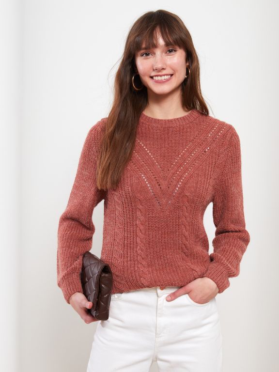 Crew Neck Self Patterned Long Sleeve Women's Tricot Sweater