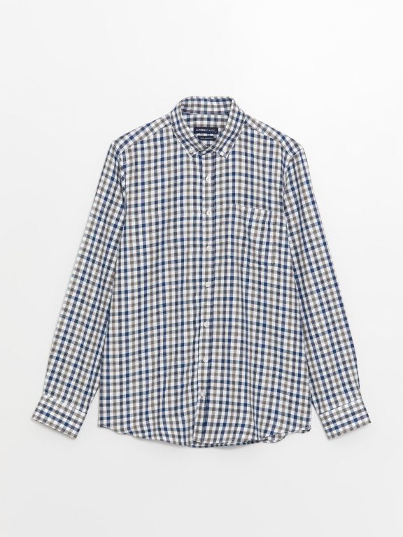 Regular Fit Long Sleeve Plaid Gabardine Men's Shirt