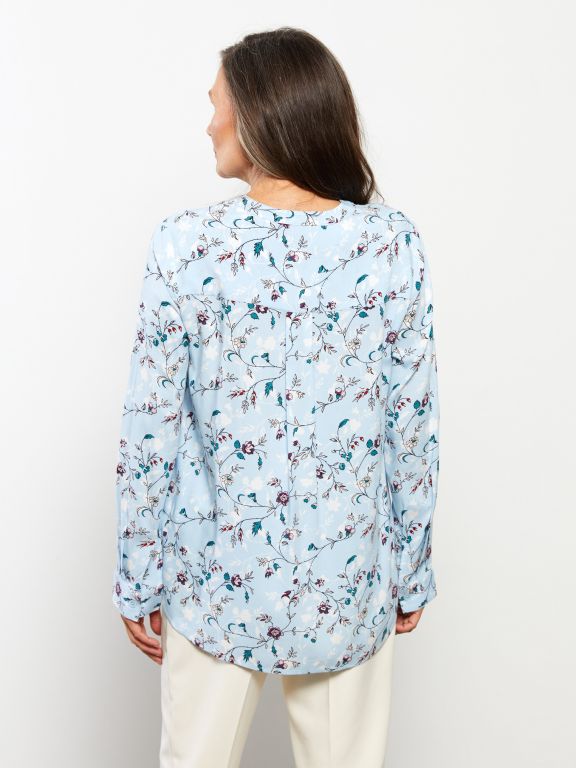 Crew Neck Flower Long Sleeve Viscose Women's Blouse