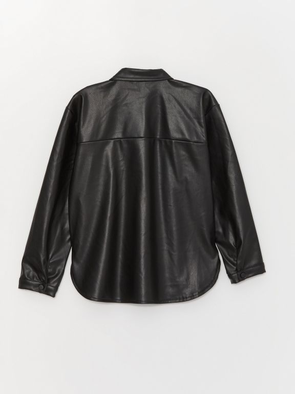 Basic Long Sleeve Leather Look Girl Shirt