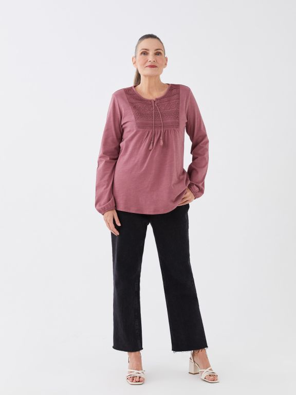 Tie Neck Embroidered Long Sleeve Women's Blouse