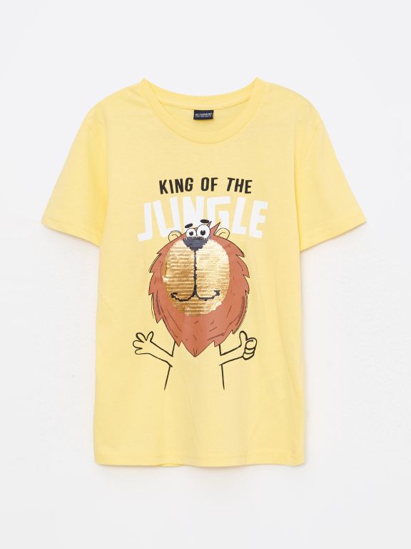 Crew Neck Printed Double Sided Sequined Short Sleeve Cotton Boy T-Shirt