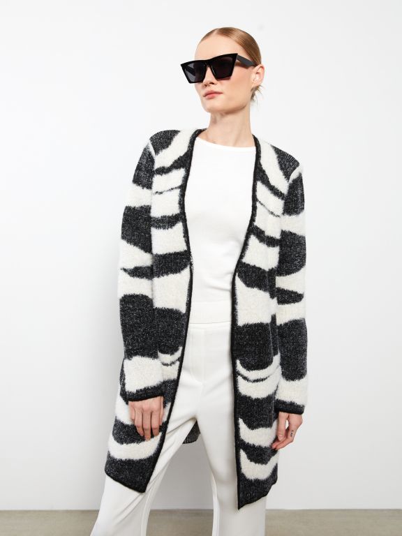Shawl Neck Patterned Long Sleeve Tricot Women's Cardigan