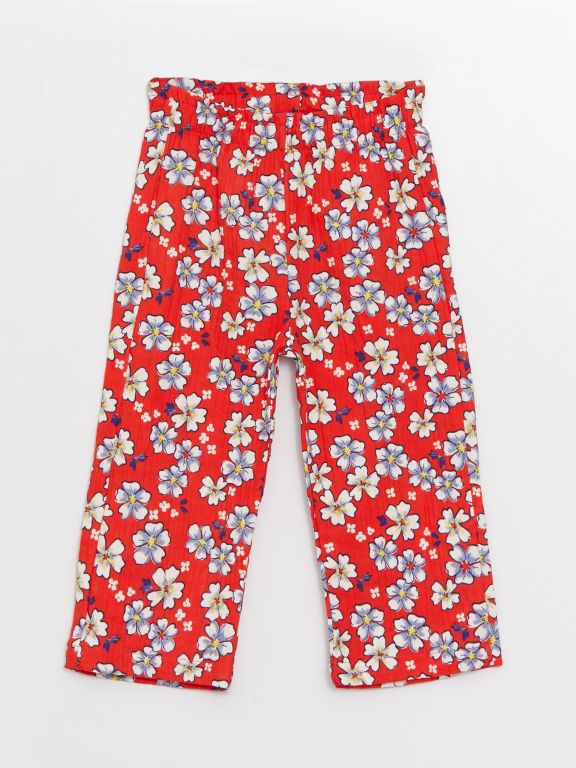 Square Collar Short Sleeve Patterned Baby Girl Blouse and Pants 2-Pack Set