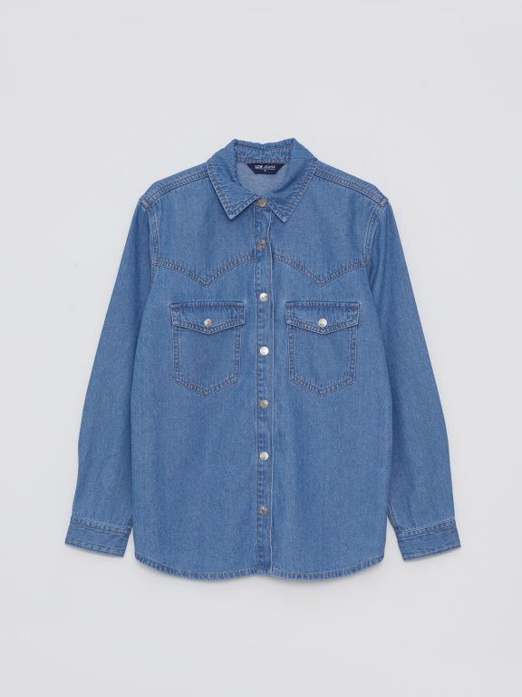 Front Button Closure Straight Long Sleeve Women's Jean Shirt