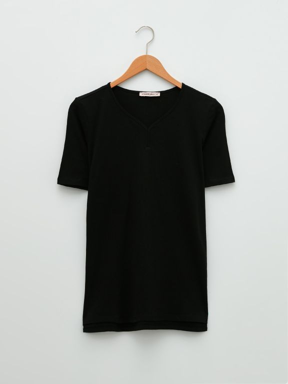 V Neck Straight Short Sleeve Cotton Women's T-Shirt
