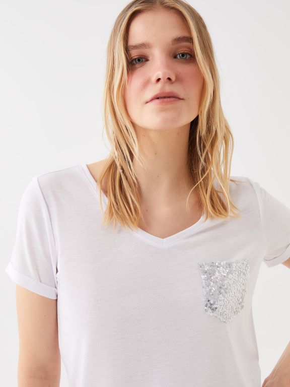 V-Neck Sequin Embroidered Short Sleeve Women's T-Shirt