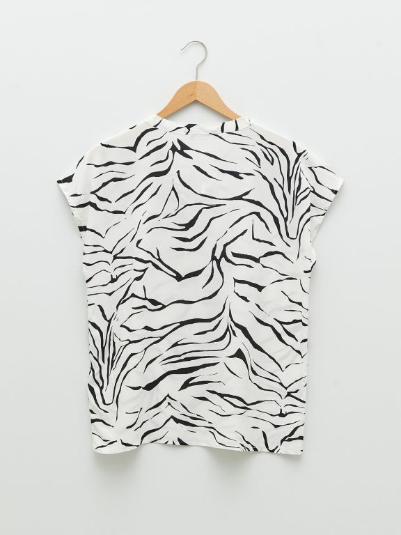 Tie Collar Patterned Short Sleeve Viscose Women's Blouse