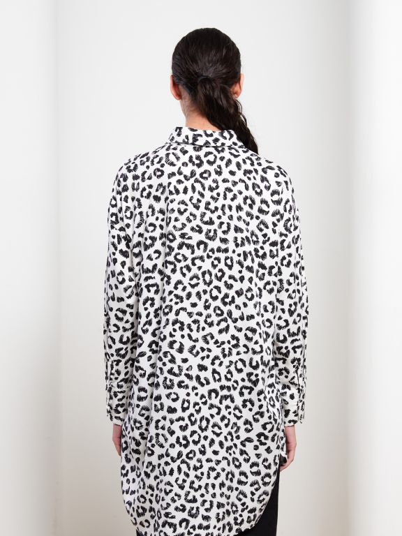 Shirt Neck Patterned Long Sleeve Oversize Viscose Women's Tunic