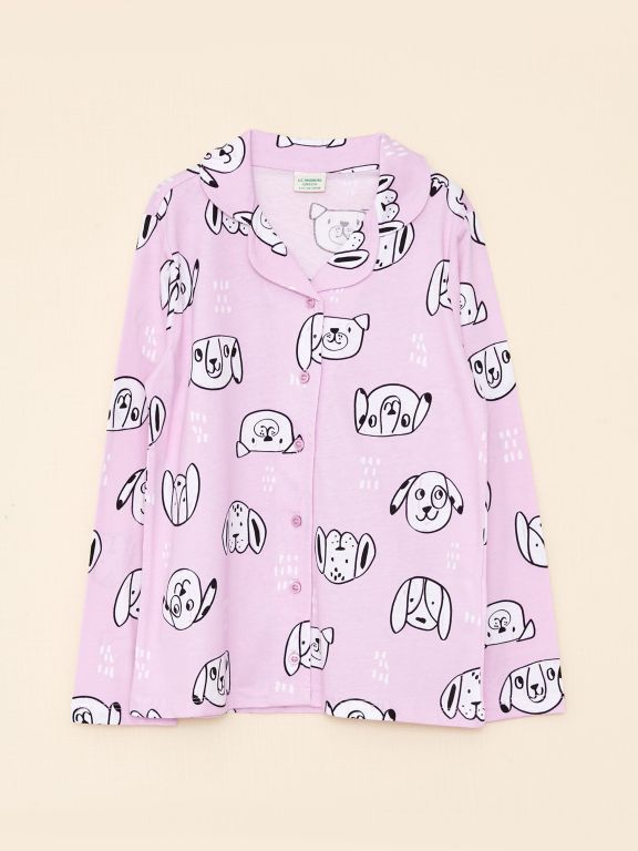 Shirt Neck Printed Long Sleeve Organic Cotton Girl Pajama Set